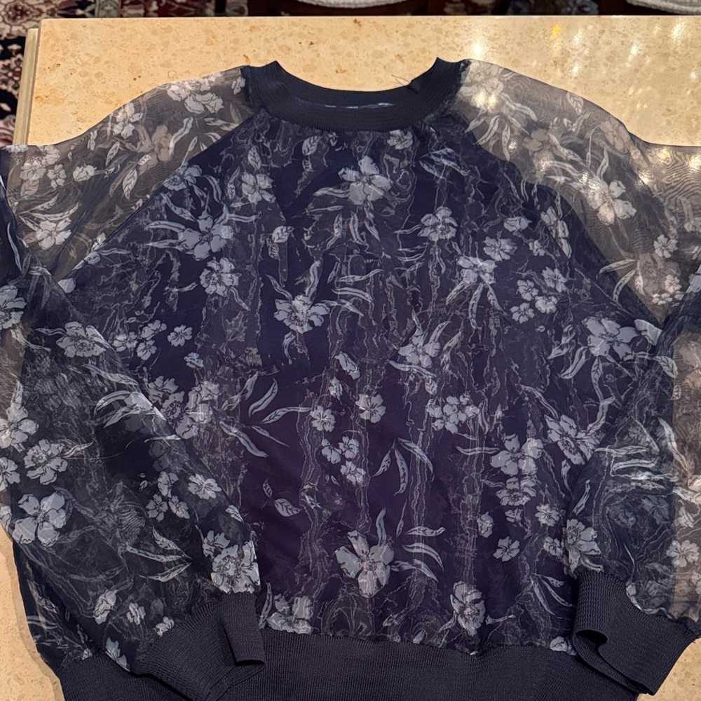 Zara Floral Patterned Navy  sheer sleeves blouse